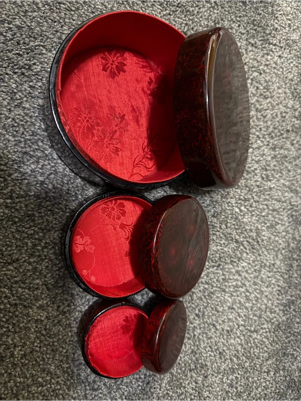 Vintage Nesting Trinket Boxes Black & Red Lacquer Stacking Jewelry Box Set